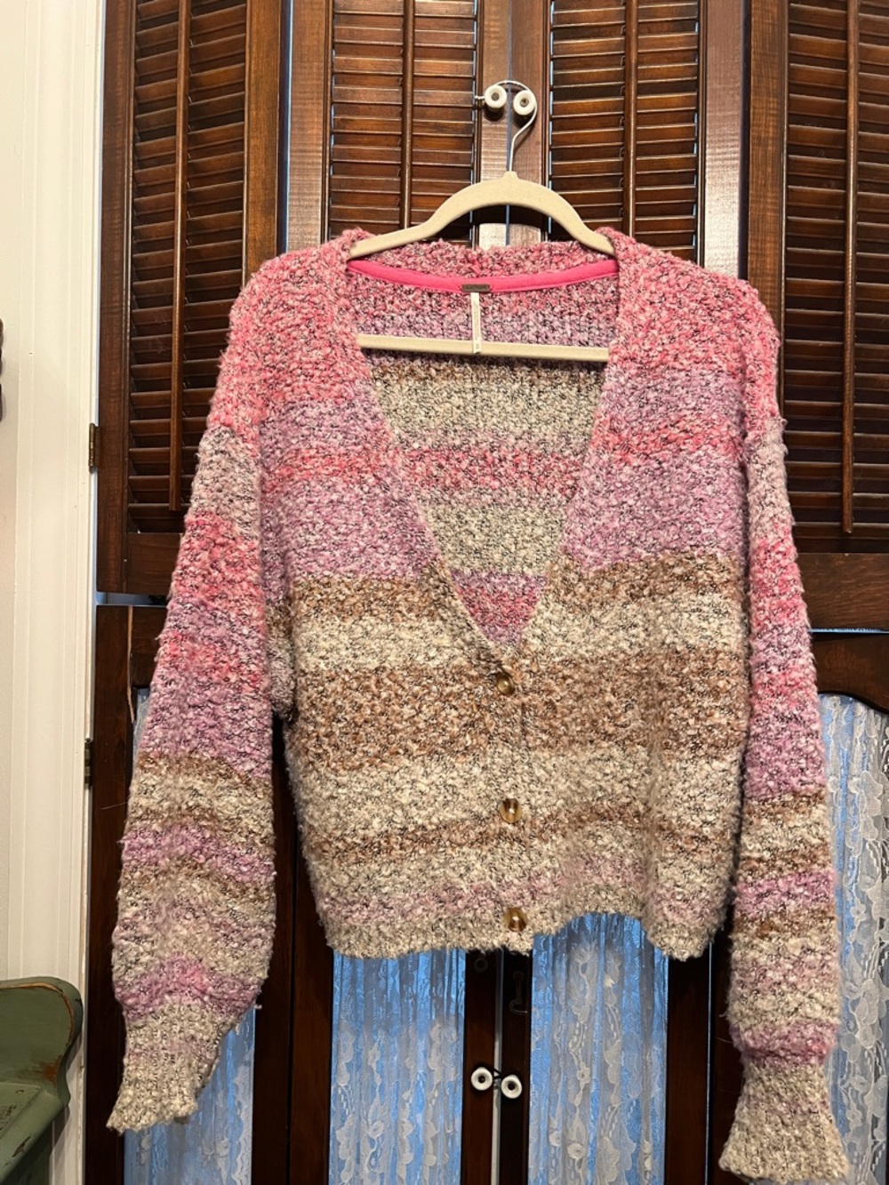 Free People Cozy Striped V-Neck Bouclé Cardigan - Pink & Brown